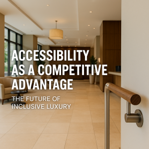 Hotel lobby showcasing inclusive luxury design with accessible features and modern décor.