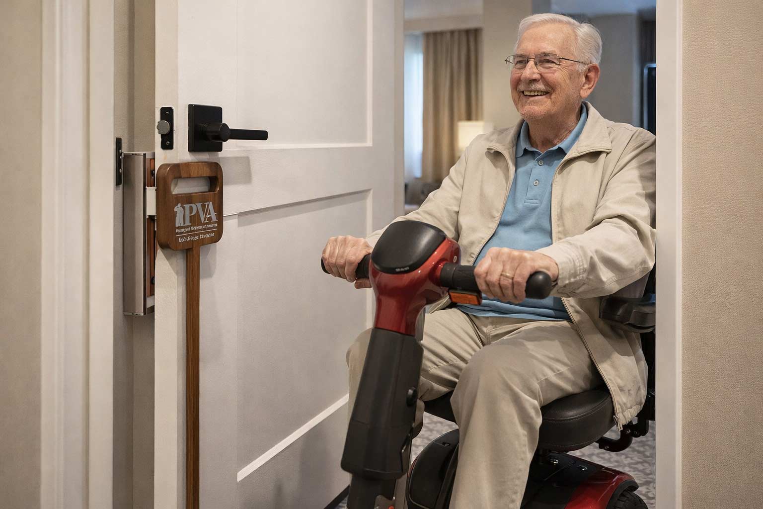 Close-up-of-a-ProPPiT-mounted-next-to-a-hotel-door-frame,-enhancing-mobility-user-safety-and-door-stability